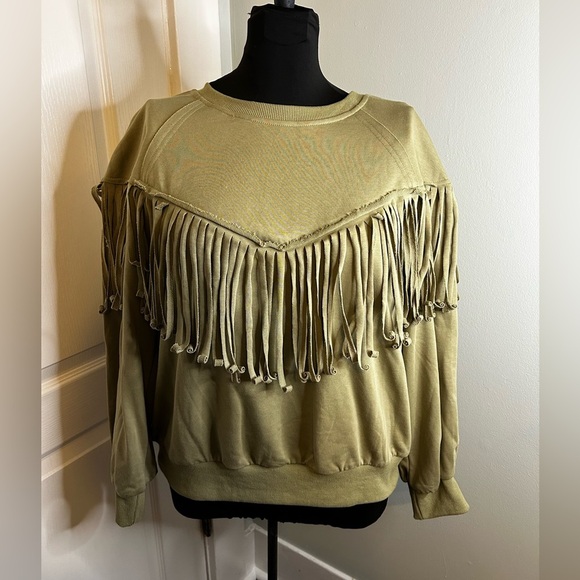BiBi Fringe Oversized Olive Green Western Cuffed Long Sleeve Sweatshirt Women S‎ - Picture 1 of 7